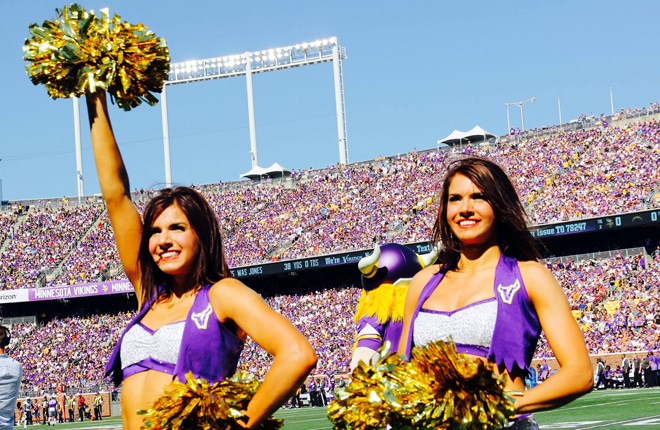 Karmen and Kirsten Nyberg cheer for the Minnesota Vikings at TCF Bank Stadium last Sunday