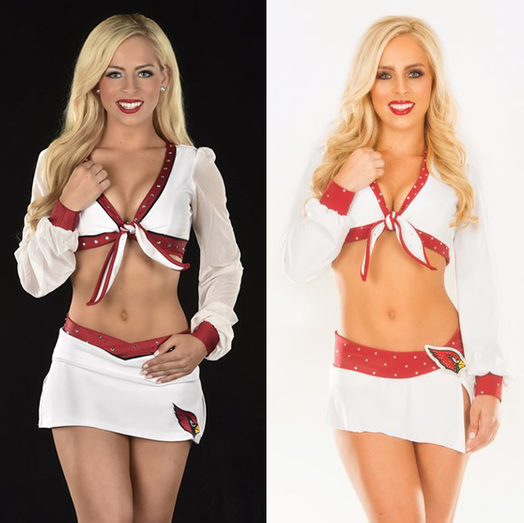 Cardinals Cheerleaders old (left) and newly redesigned (right) uniform.