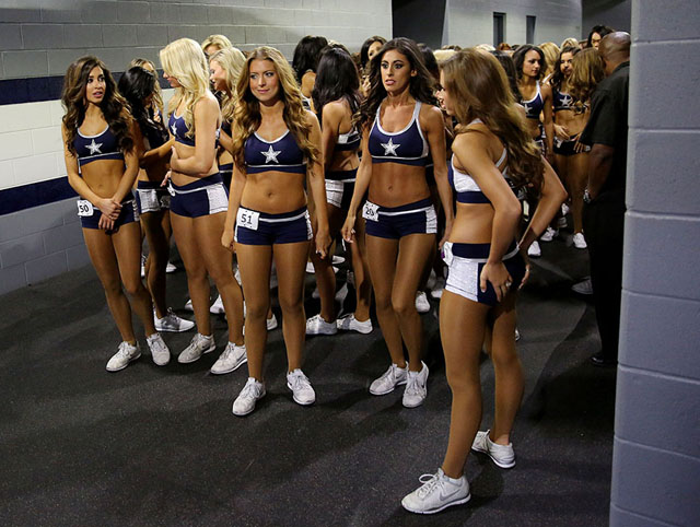 Dancers wait to enter the field before the 2016 Dallas Cowboys Cheerleaders final auditions held at AT&T Stadium in Arlington, Texas Saturday May 21, 2016. 11th season of CMT's "Making the Team" was being filmed during the auditions. (Andy Jacobsohn/The Dallas Morning News)