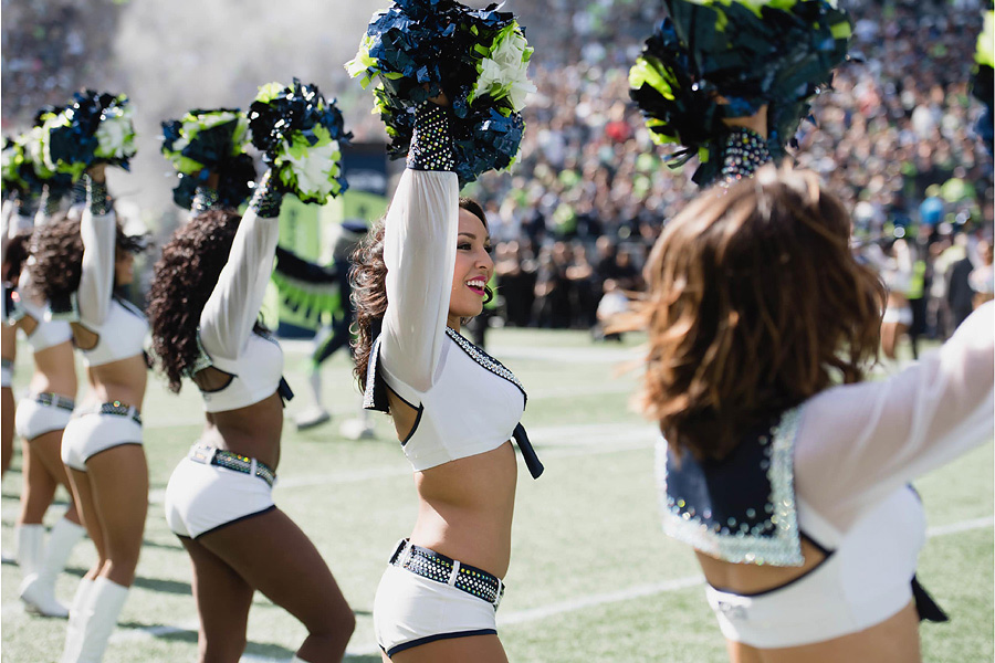 The Sea Gals cheerleades wear combat boots in honor of veterns before the  Seattle Seahawks against the New York Giants NFL football game, Sunday,  Nov. 7, 2010, in Seattle. (AP Photo/Ted S.