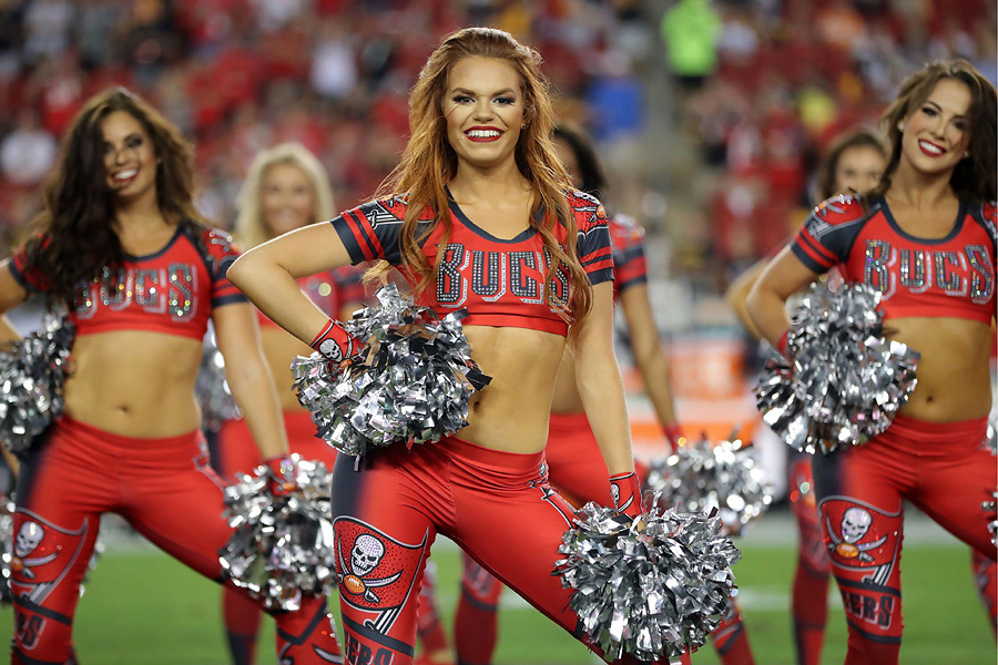 Looks We Love: NFL Cheerleaders' Bold Color Rush Uniforms!  Buccaneers  cheerleaders, Football cheerleaders, Nfl cheerleaders