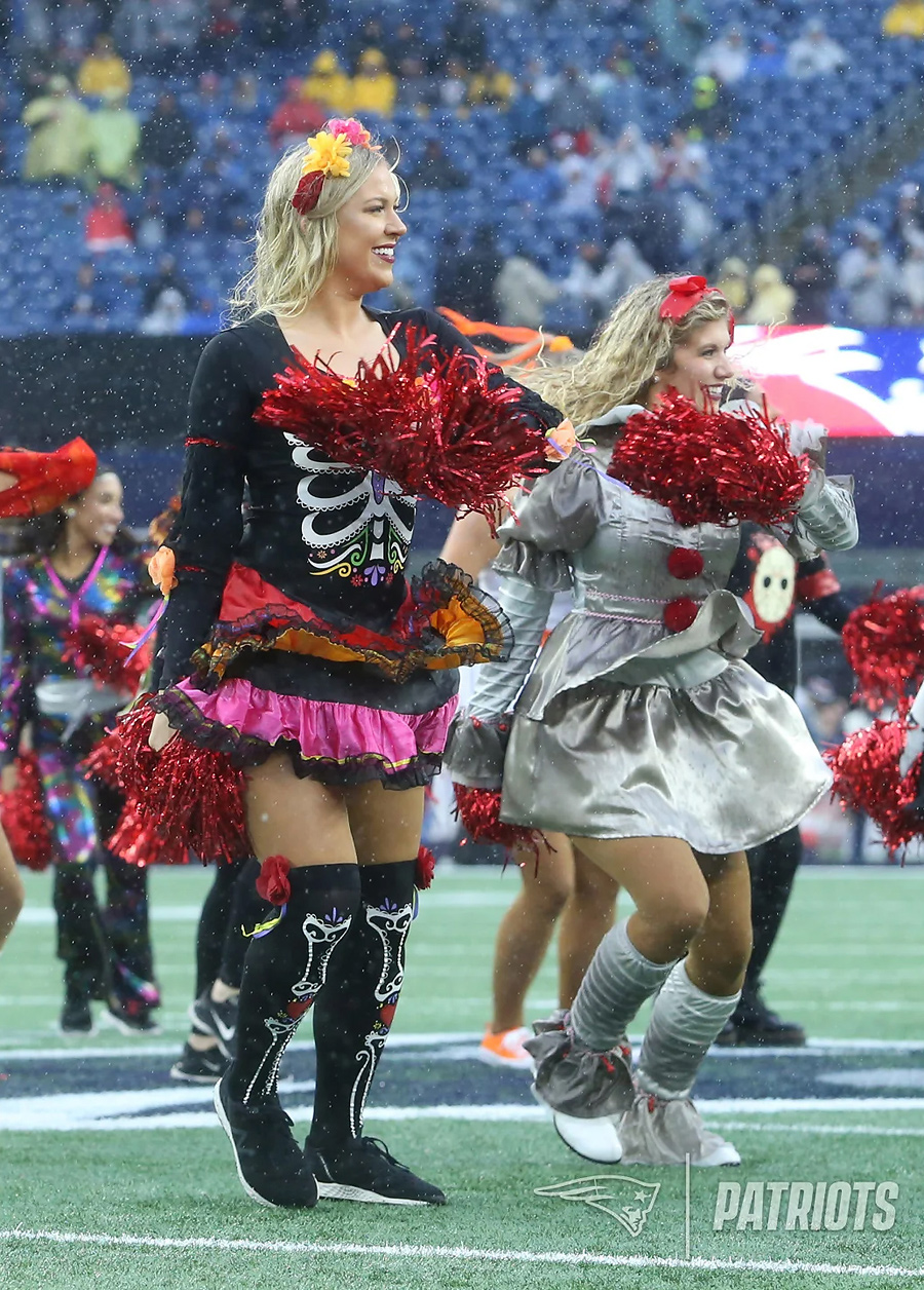 New England Patriot cheerleaders in Halloween costume at Gillette