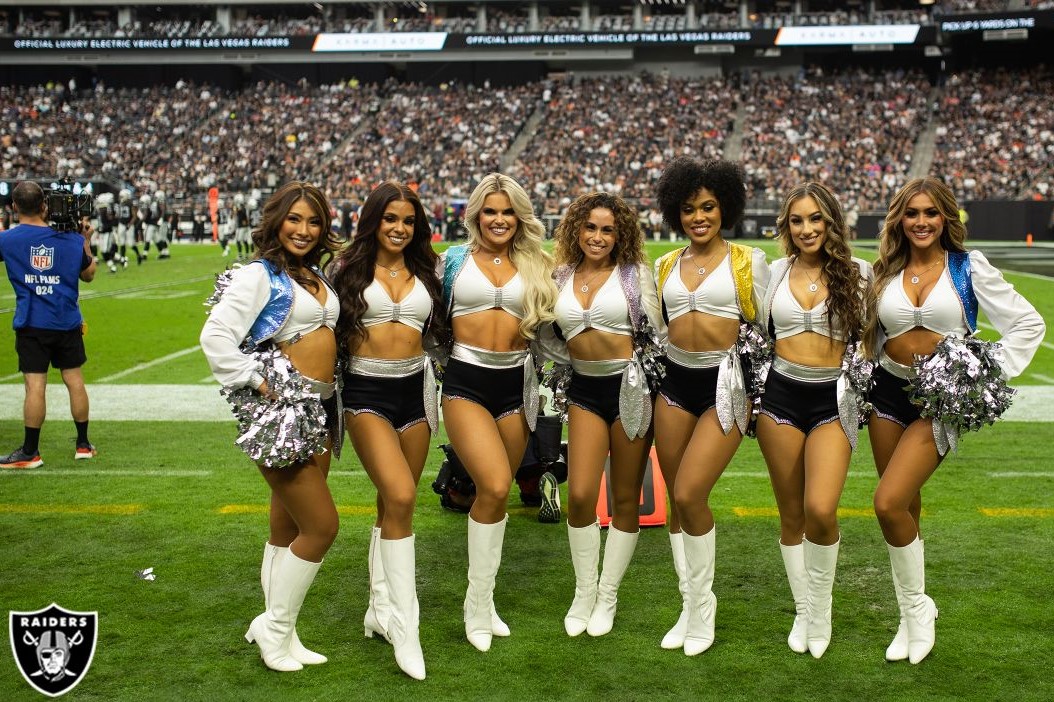 Las Vegas Raiderettes cheerleaders perform during the second half of an NFL  football game between the Las Vegas Raiders and the Chicago Bears, Sunday,  Oct. 10, 2021, in Las Vegas. (AP Photo/Rick